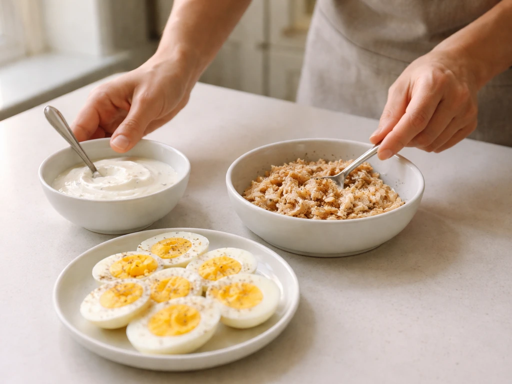 Hands arranging yogurt, boiled eggs, and chicken or tuna portions on a kitchen counter.