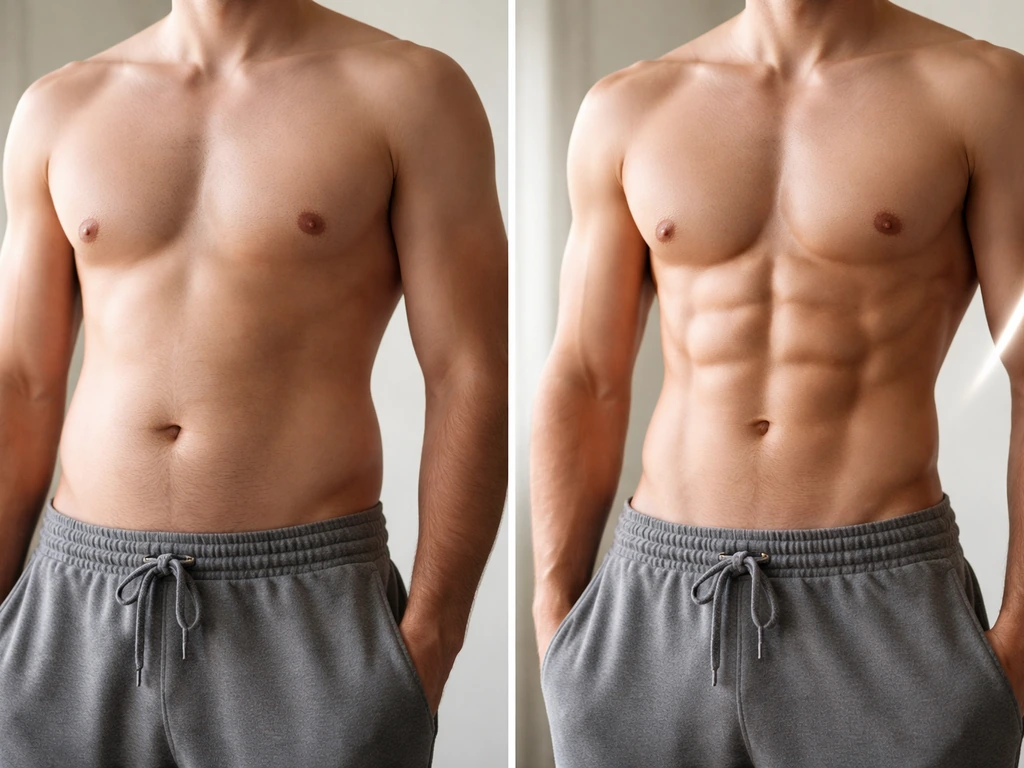 Split scene of two torsos—left with hidden abs, right with visible abs under natural light.