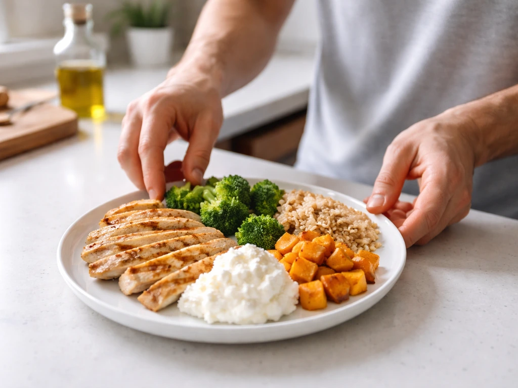 Close-up of a lean-gain meal with protein-rich foods on a kitchen counter, ready to eat.