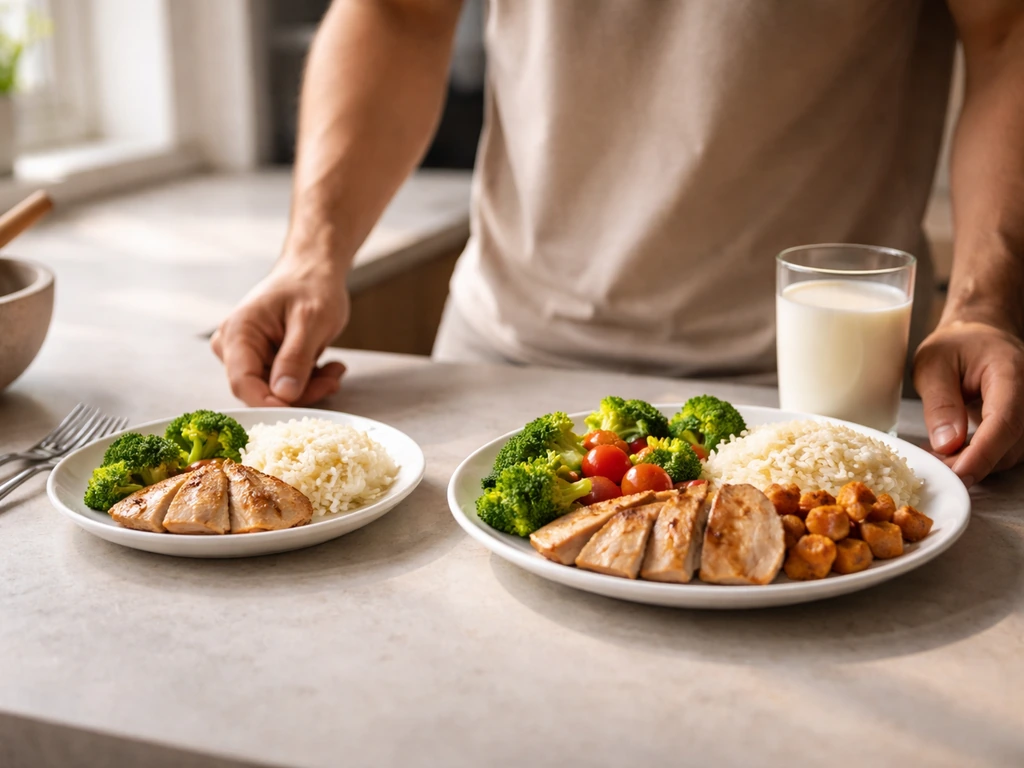Anonymous hands set two simple meals side-by-side, showing smaller vs larger calorie-surplus plates for lean mass.