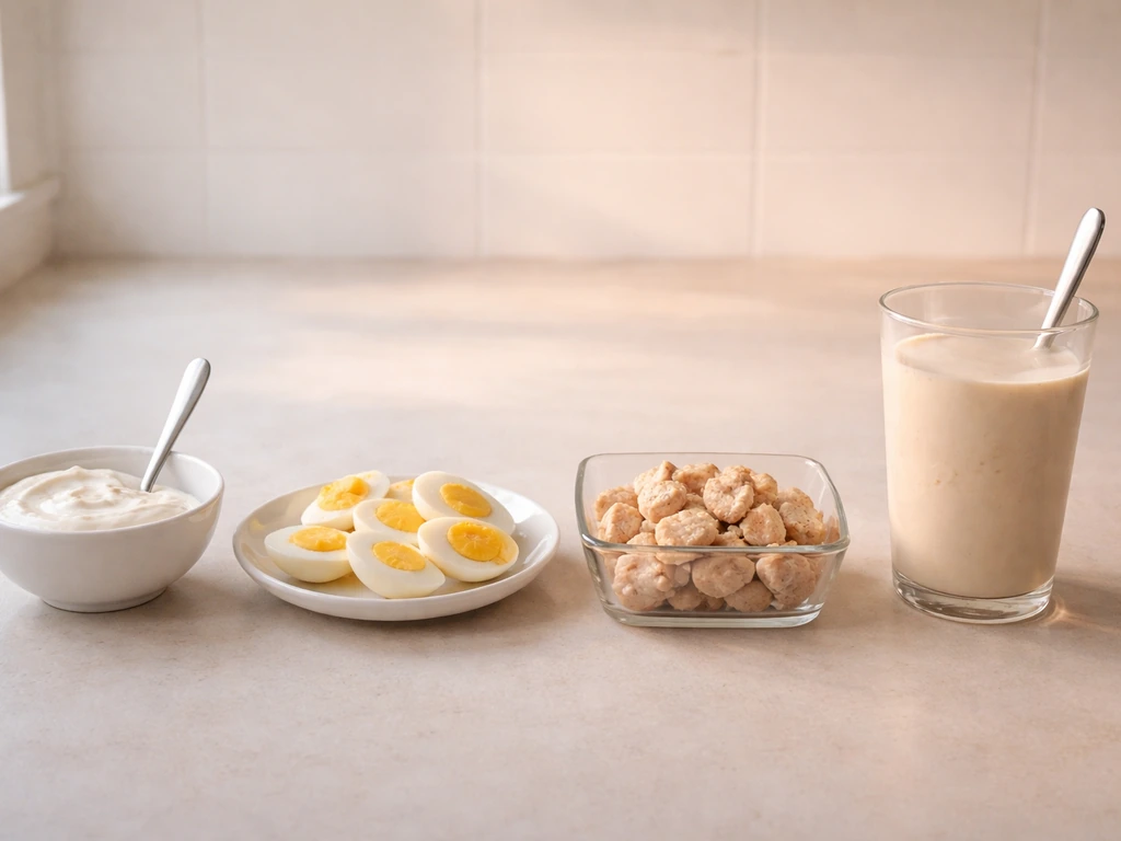 Minimal kitchen still life with four protein portions spaced across a day: yogurt, eggs, chicken, and shake.