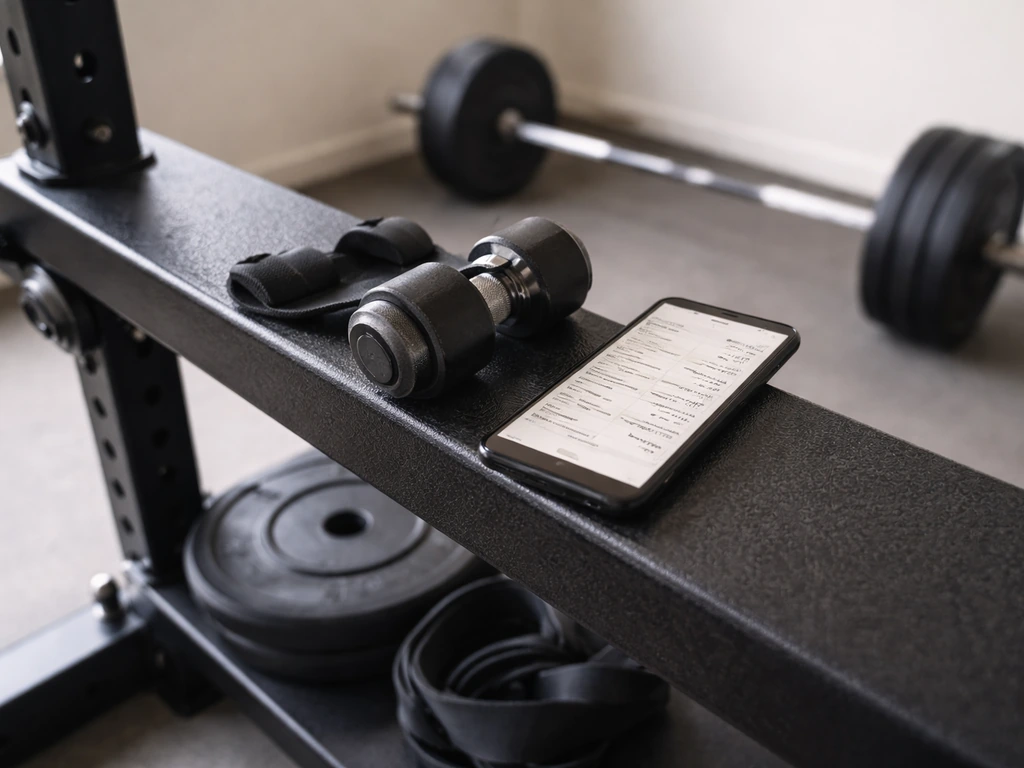Gym rack with a phone logbook showing workout progression beside dumbbells, implying progressive overload.