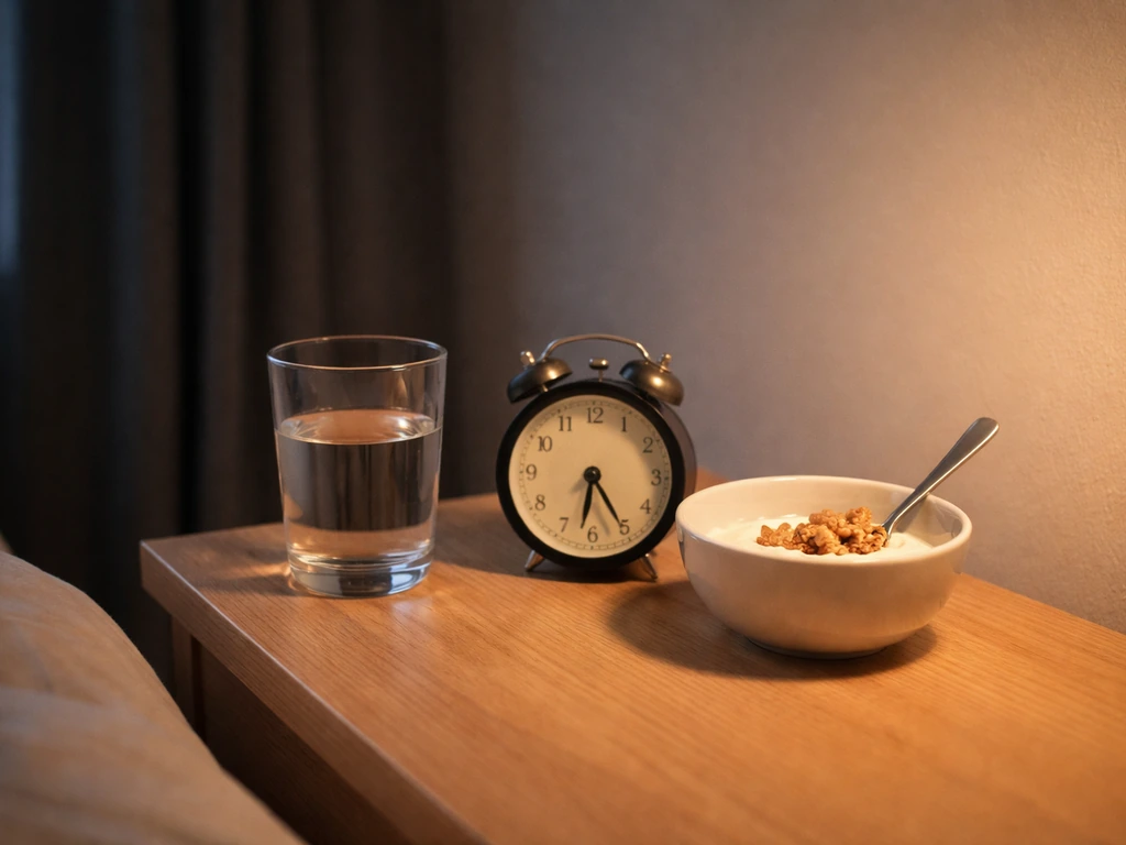 Minimal bedroom nightstand with a clock, water, and a small protein snack for post-workout recovery