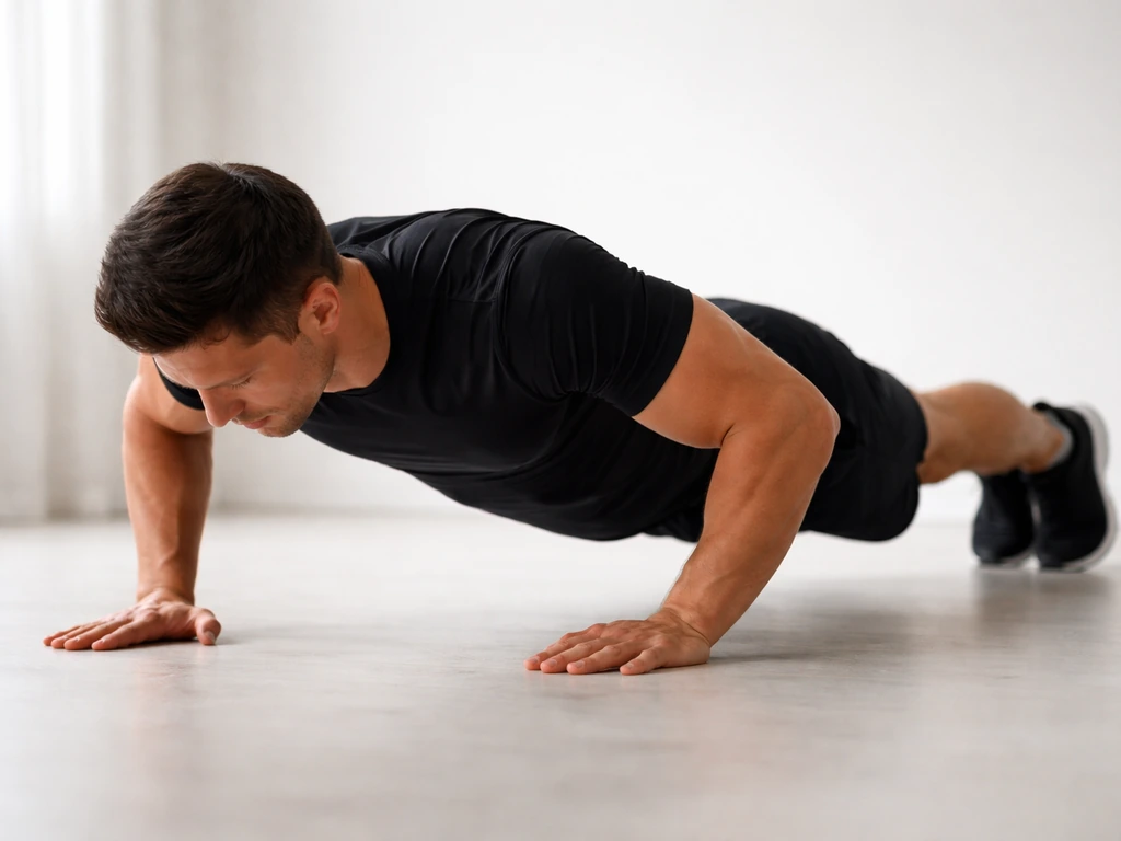 Person performing a perfect standard push-up on a clean floor, showing full-body alignment