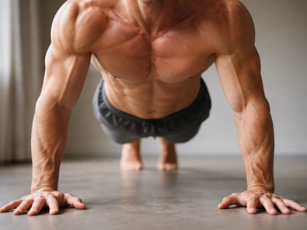 Person in plank doing a push-up, chest muscles emphasized with strong form focus