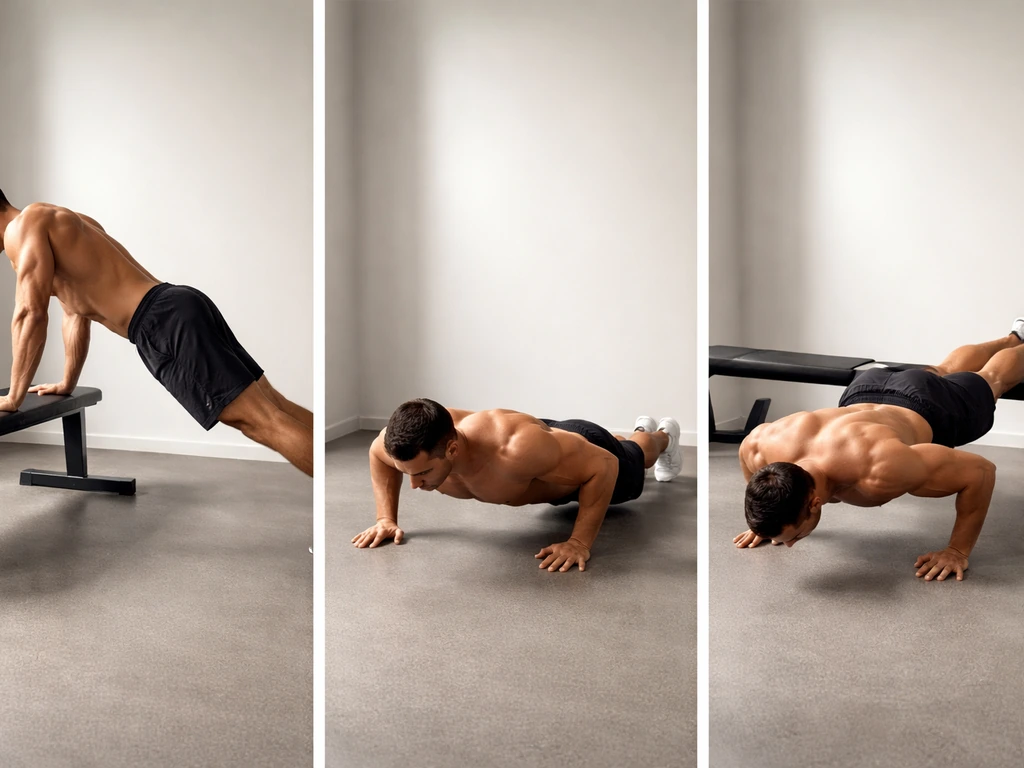 Three-person silhouette set of incline, flat, and decline push-up positions showing torso angles and bracing.