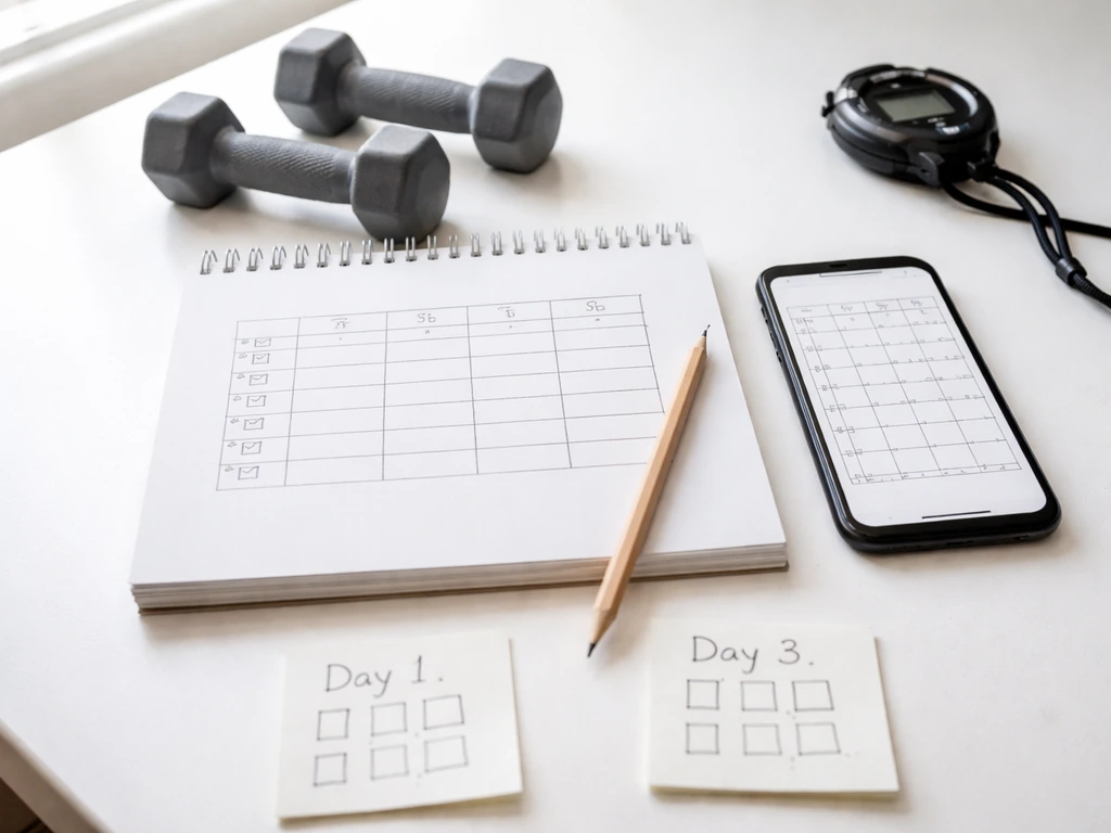 Minimal desk with notepad and smartphone showing a blank weekly push-up plan layout and workout tools.