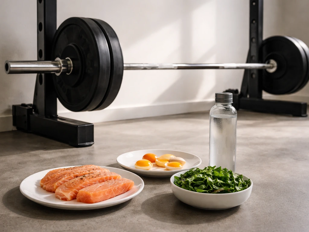 Barbell rack beside a low-carb meal of eggs and salmon with greens and a water bottle, minimal gym scene.