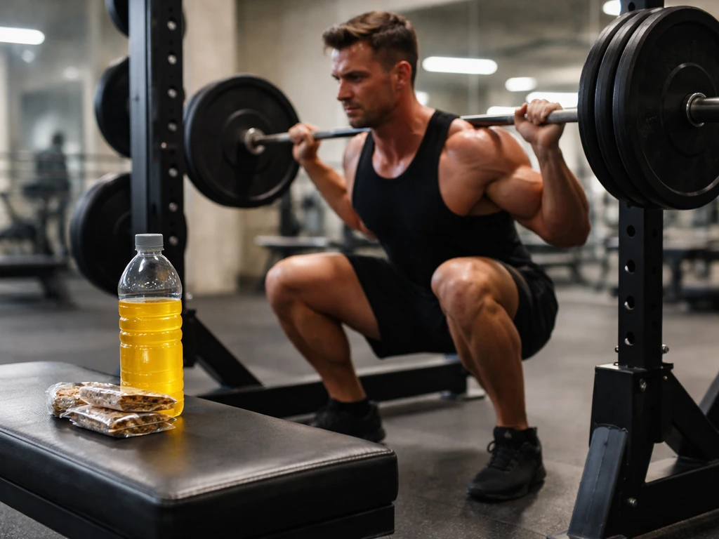 Lifter finishing a multi-set squat in a gym, with a sports drink bottle and bar on the bench.