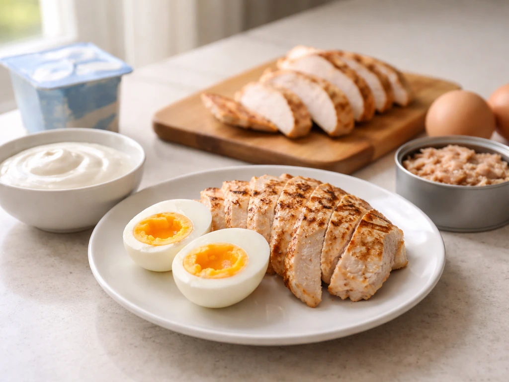 Protein-first plate with chicken, eggs, Greek yogurt, and tuna ingredients on a simple kitchen counter.