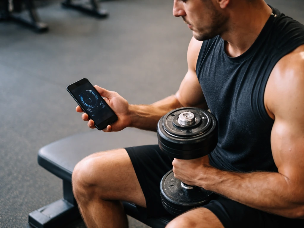 Lifter resting longer between sets while holding dumbbells in a quiet gym, timer on phone visible in hand