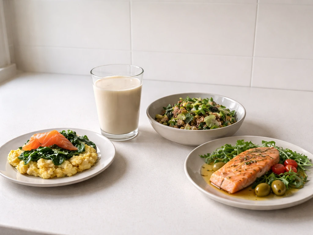 Tidy kitchen counter with neatly separated low-carb muscle-building meals: eggs, salmon, whey shake, salads.