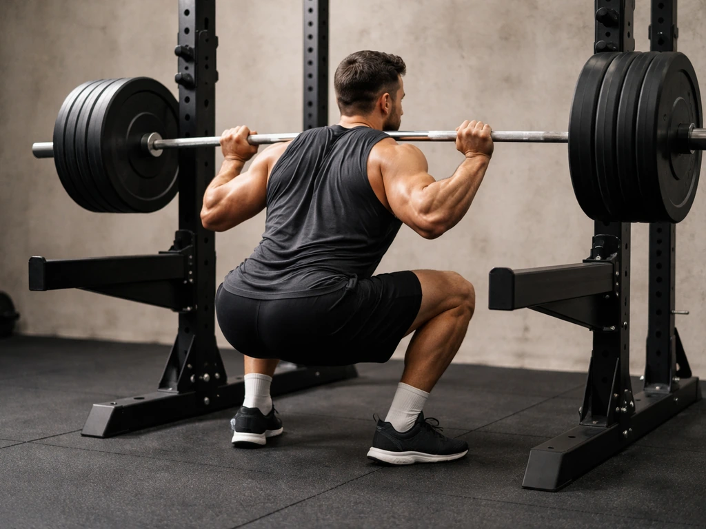 Lifter executing a controlled near-failure barbell squat in a clean gym rack under natural light.