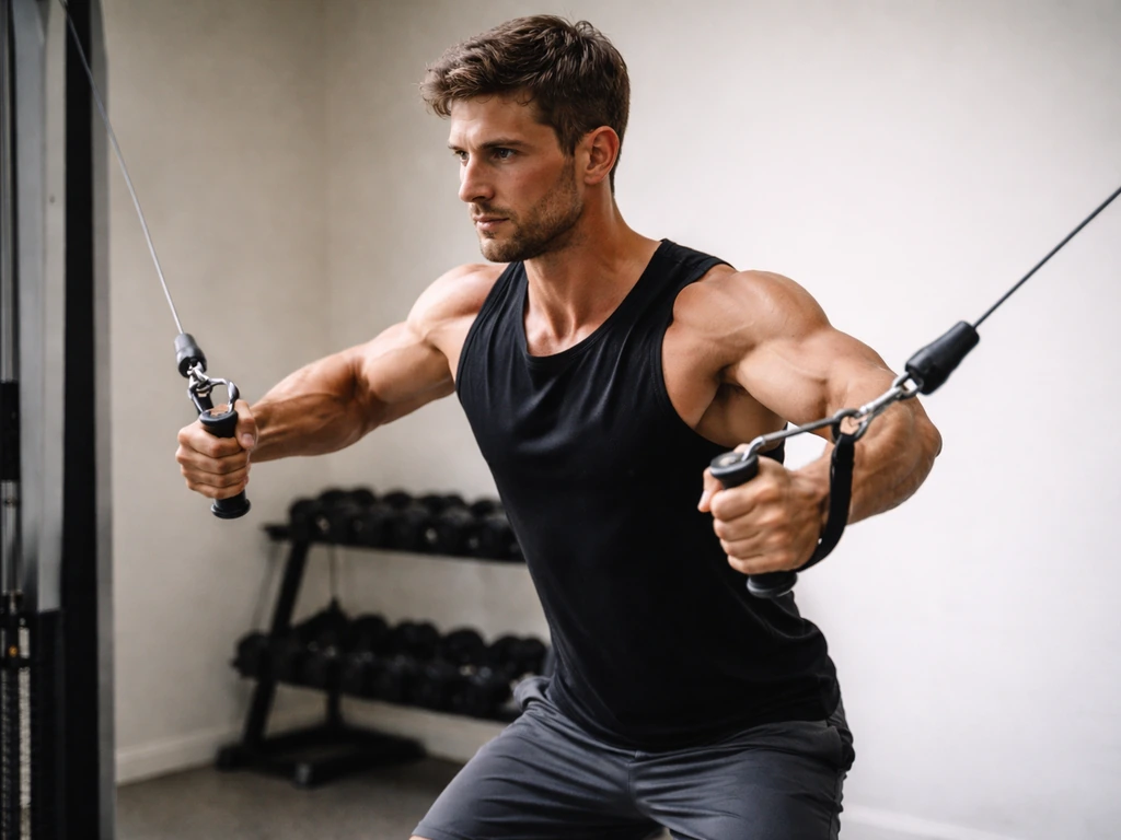 Person doing a controlled cable fly in a quiet gym, showing chest engagement and mechanical tension.