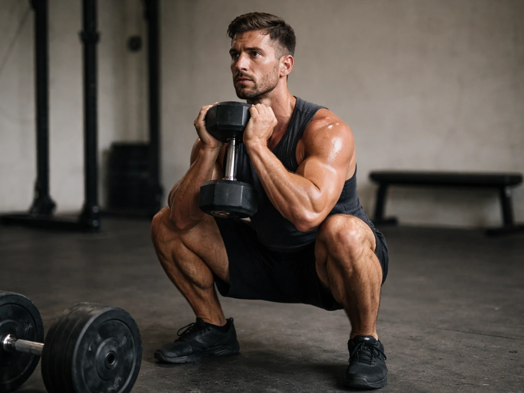 Lifter completing a hard squat set with controlled form, close to failure in a quiet gym.