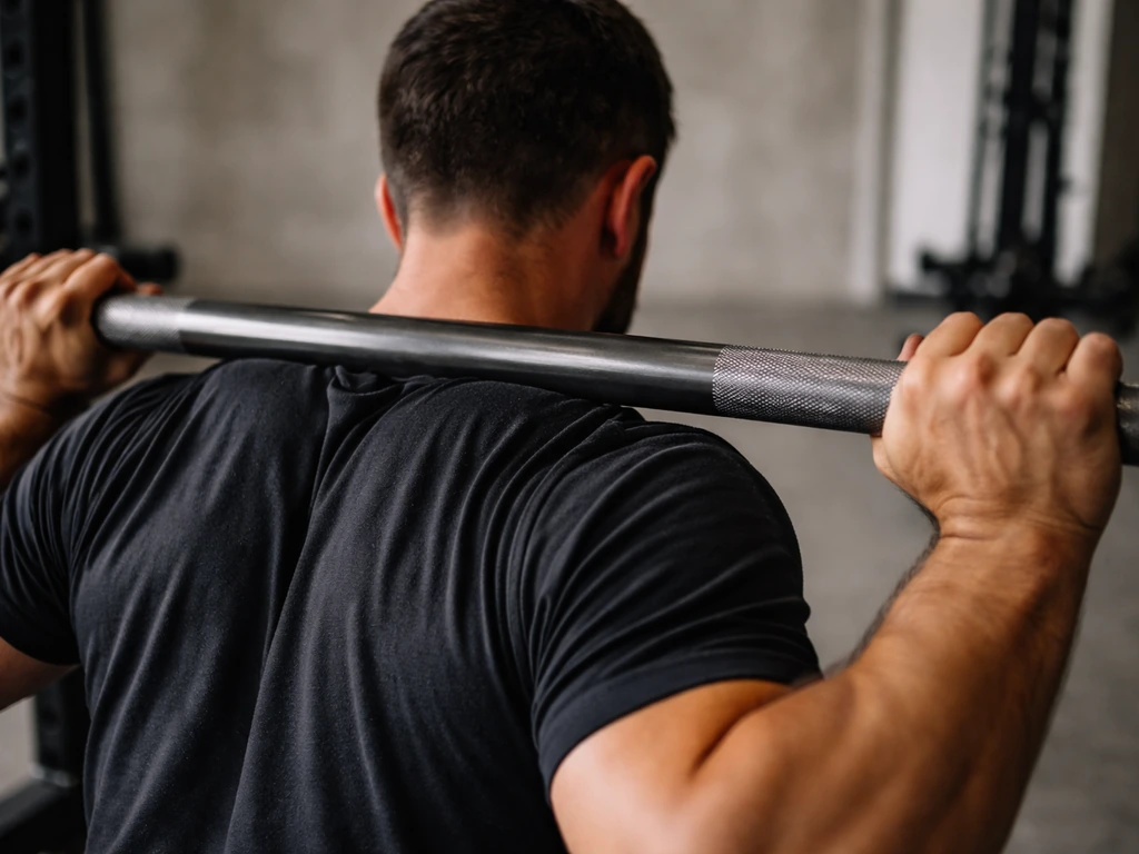 Close-up of hands gripping a barbell as weights lower slowly during a controlled squat set.