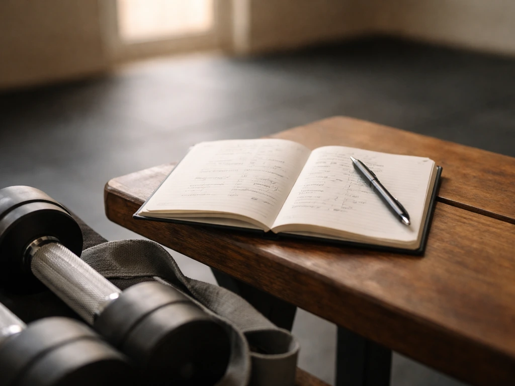 An open training notebook with handwritten sets, reps, and weights beside dumbbells in natural light.