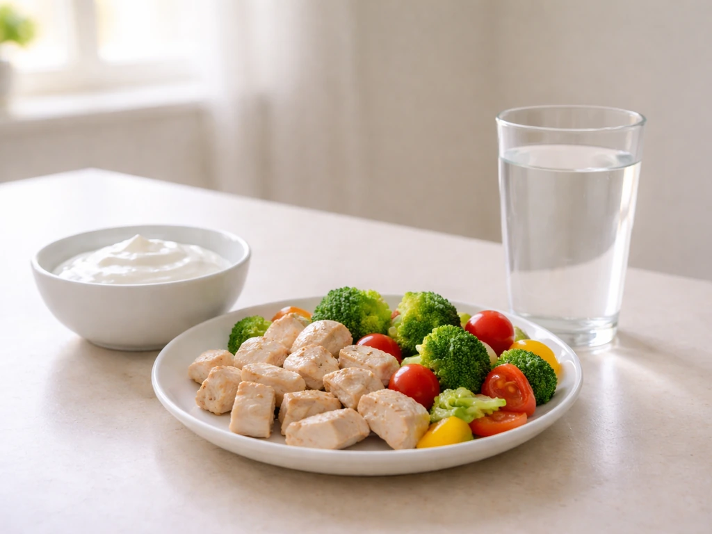 Protein-rich meal on a kitchen counter with a glass of water after workout, emphasizing recovery and nutrition.