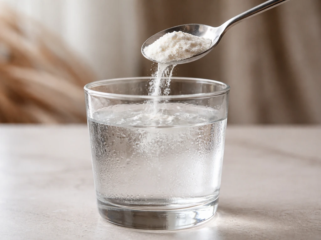 Protein powder pouring into a glass of water with faint, blurred muscle-fiber-like background cues.