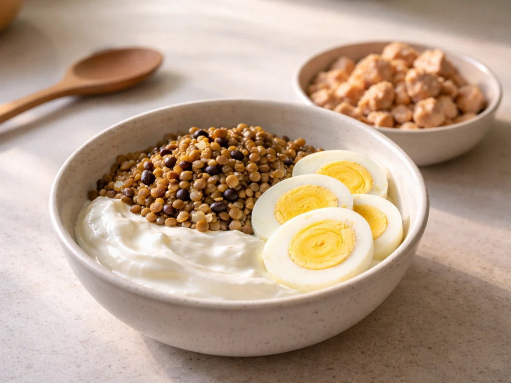 Close-up of a simple bowl meal with Greek yogurt, eggs, and legumes—no protein powder in sight.