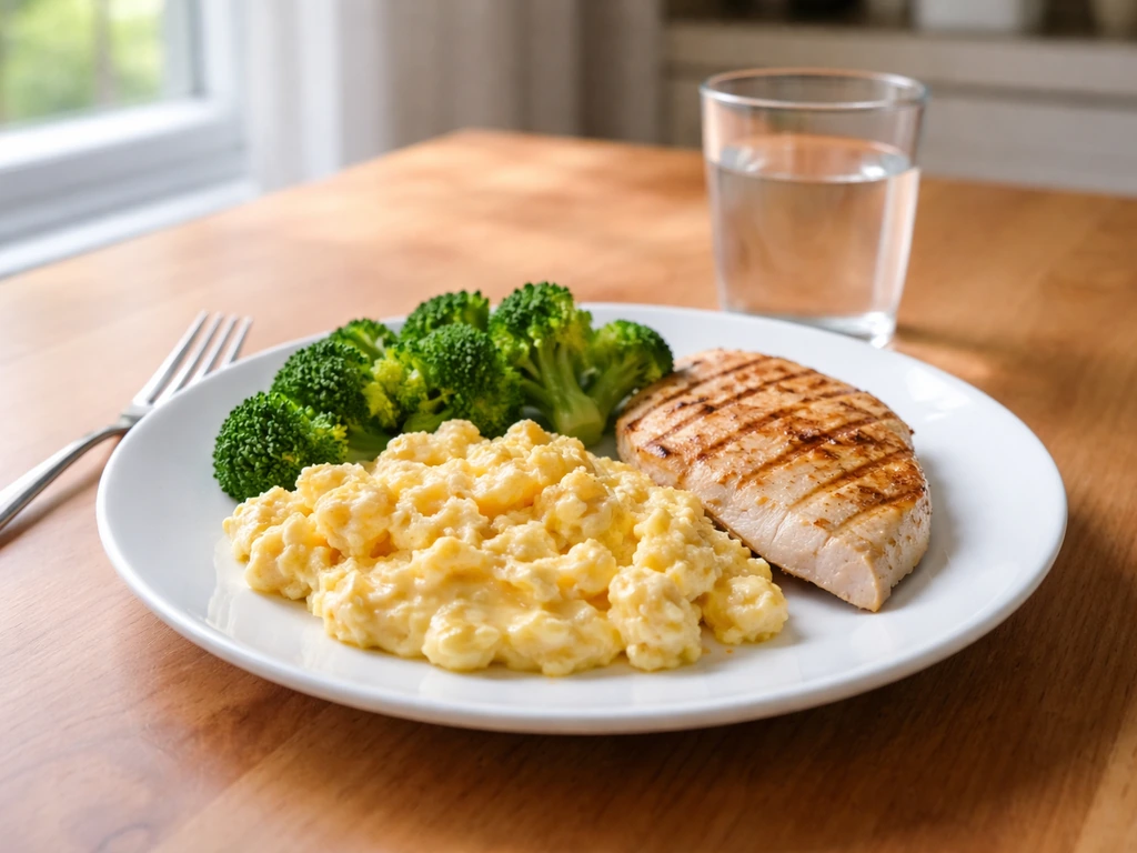 Minimal photo of a protein-focused meal on a plate with eggs and chicken, set on a kitchen table.