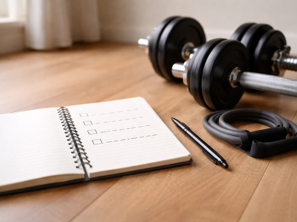 Notebook and dumbbells on a wooden floor, implying progressive overload and training volume.