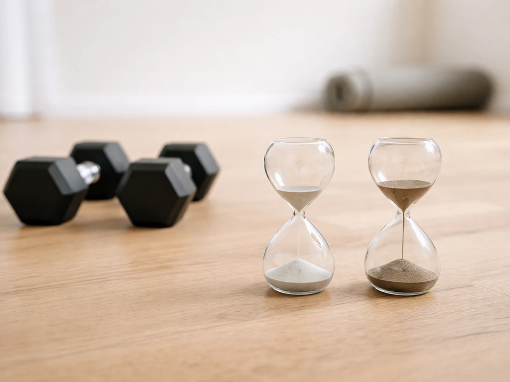 Minimal Pilates studio scene with two dumbbells and sand hourglasses suggesting slow vs faster timelines.
