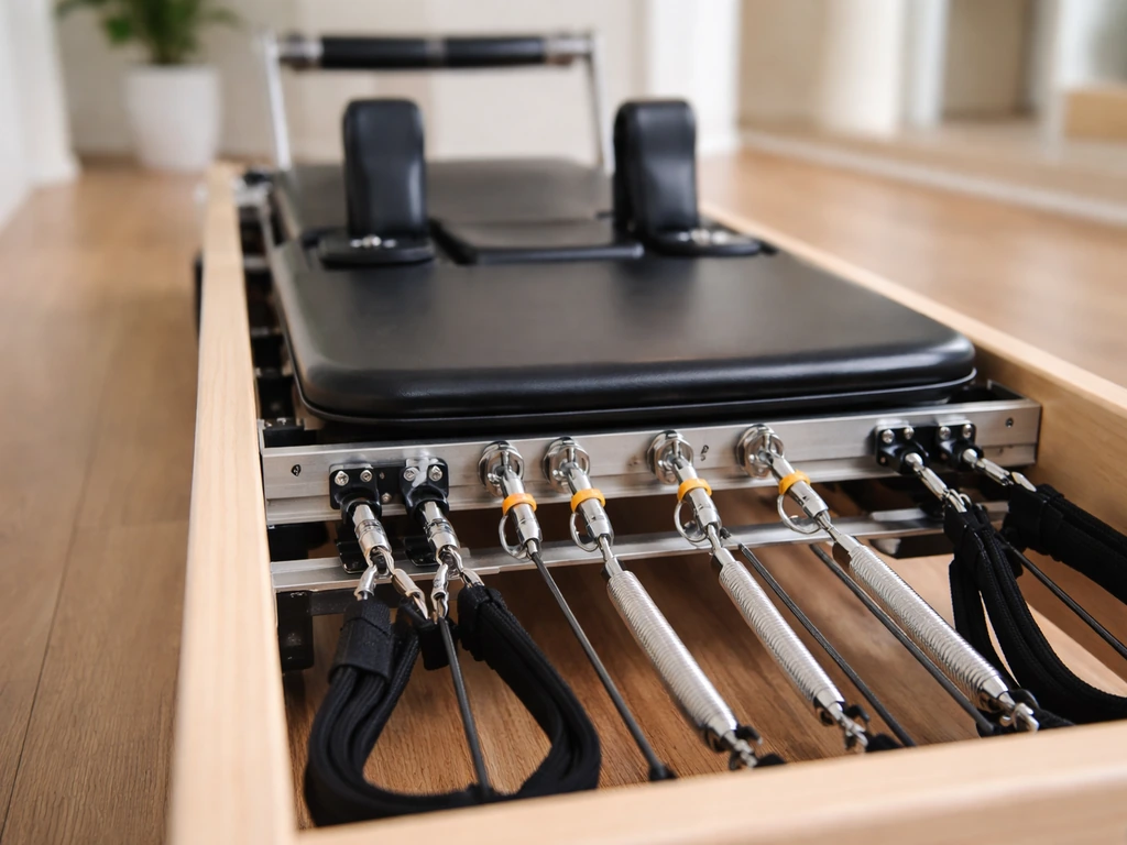 Close-up of a Pilates reformer’s spring resistance system and carriage track in a minimal studio.