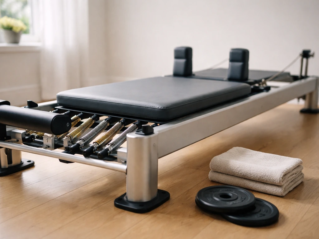 Minimal Pilates reformer with visible springs and weight plates in a bright home studio, no people.