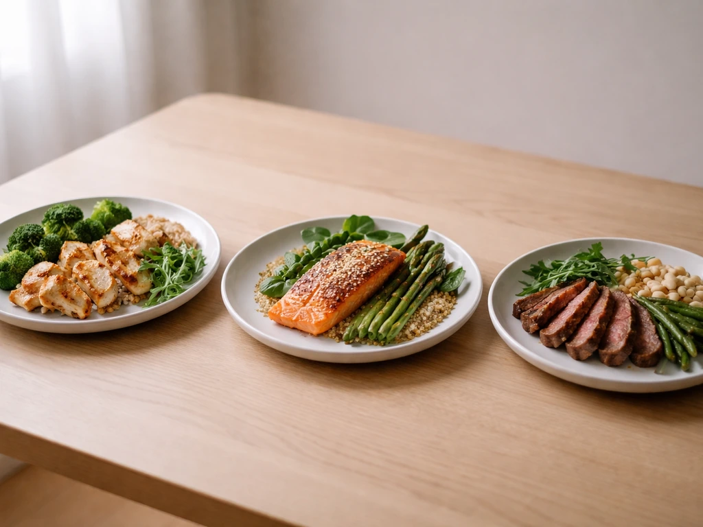 Three simple plates in a row with protein-focused portions, photographed in natural light.