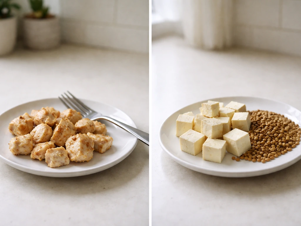 Side-by-side plates of cooked chicken and tofu with lentils on a kitchen countertop.