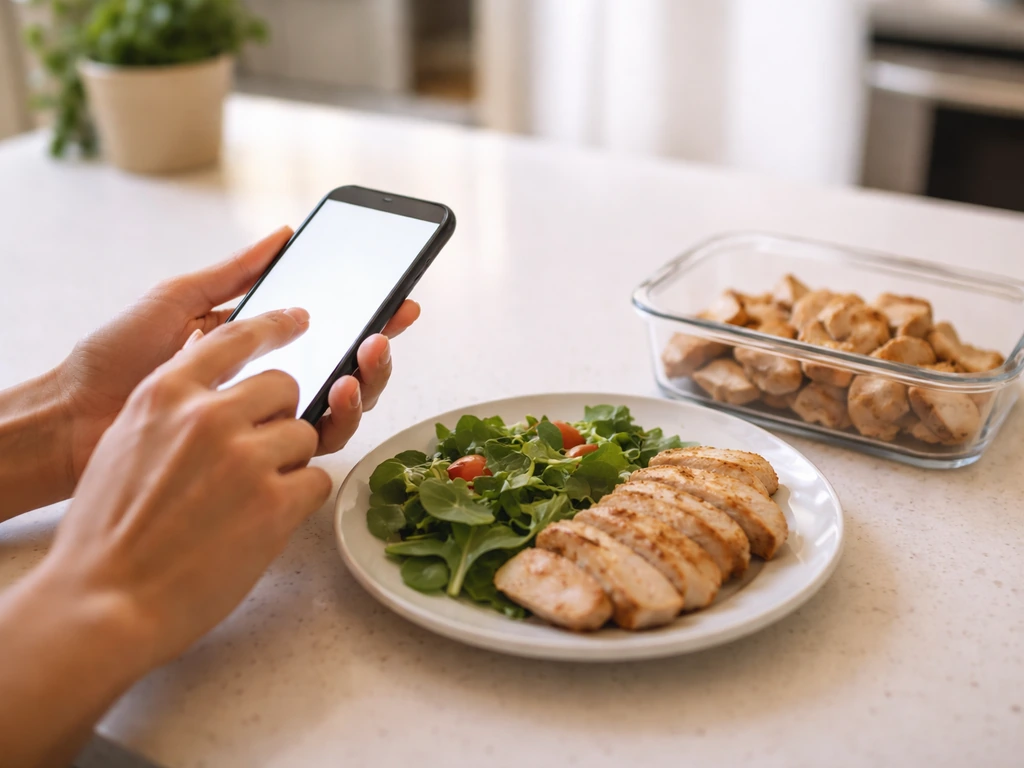 Person meal-prepping in a bright kitchen while logging protein on a phone beside a protein-rich meal