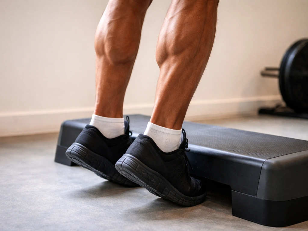 Close-up of an anonymous lifter in the lengthened bottom position of a calf raise, heels lowered.