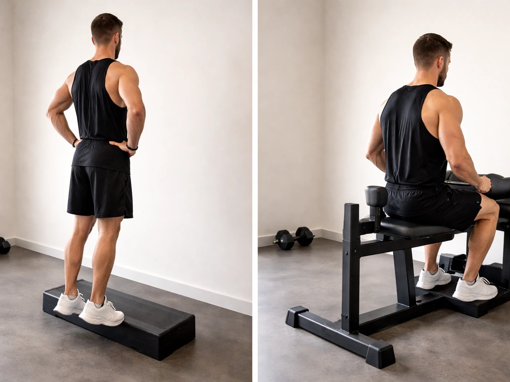 Two-photo split: standing vs seated calf raise showing different ankle ROM and leverage.
