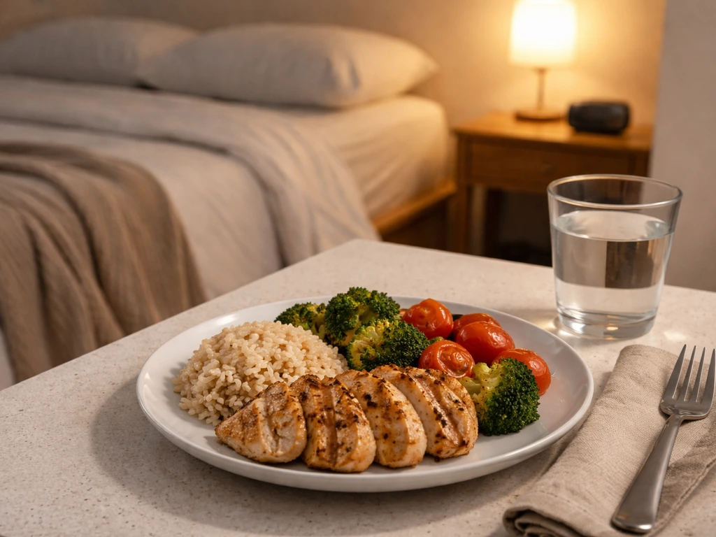 Protein meal prep plate beside a cozy bed setup suggesting recovery and sleep for muscle growth.