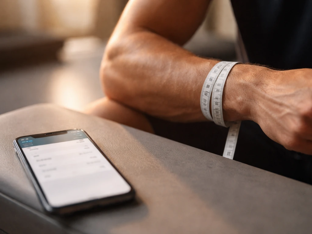 Measuring tape around a forearm with a phone showing two simple dates and fitness progress