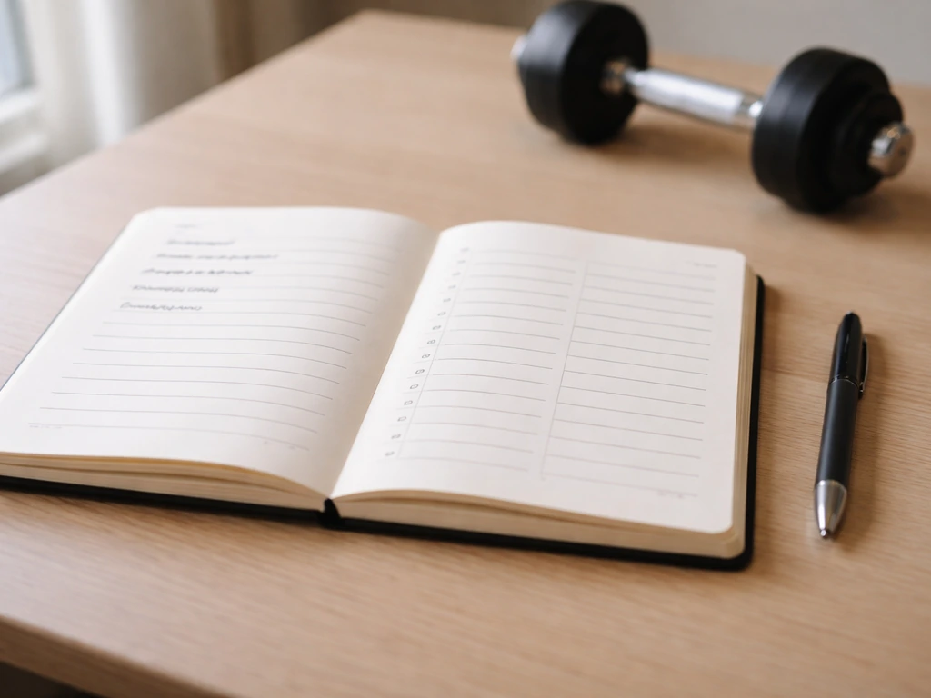Open training journal showing sparse vs corrected weekly workout plan, pen on desk, minimal home gym.