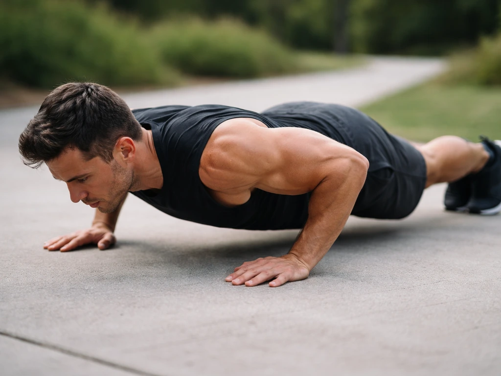 Person doing a controlled push-up outdoors, showing muscular effort in a minimal calisthenics setup