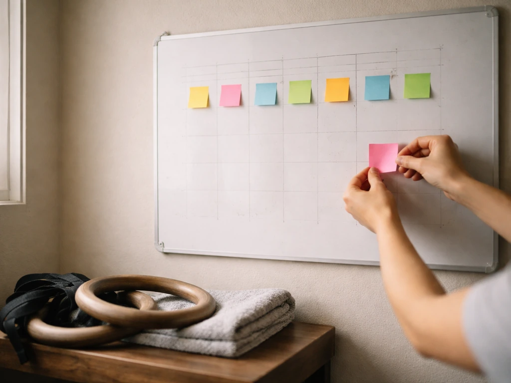 Home workout board with colored sticky notes and calisthenics rings under natural light.