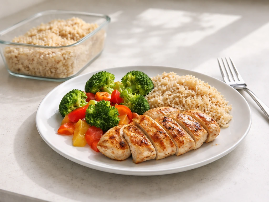 Meal prep plate with lean protein, carbs, and vegetables on a simple kitchen counter.