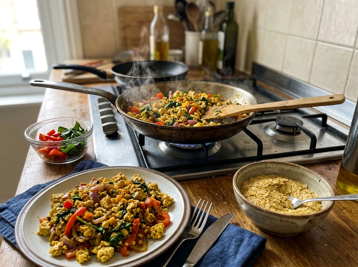 Vegetarian meal prep showing tofu scramble with vegetables