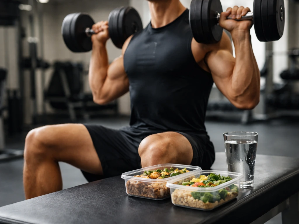 Person lifting weights in a quiet gym with a small meal-prep container on the bench, symbolizing muscle gain while cutti