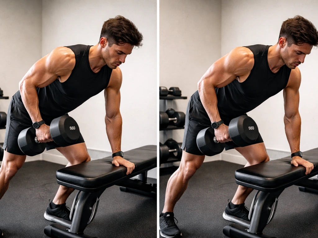 Anonymous person doing a dumbbell row in a gym, with subtle left-right contrast suggesting muscle retention vs fat loss.