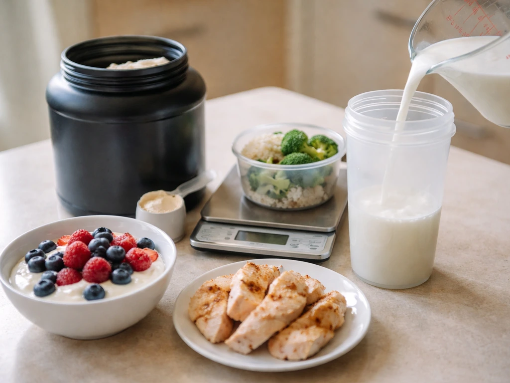 Kitchen meal prep with weighed chicken, Greek yogurt, and whey protein scoop by a digital scale.