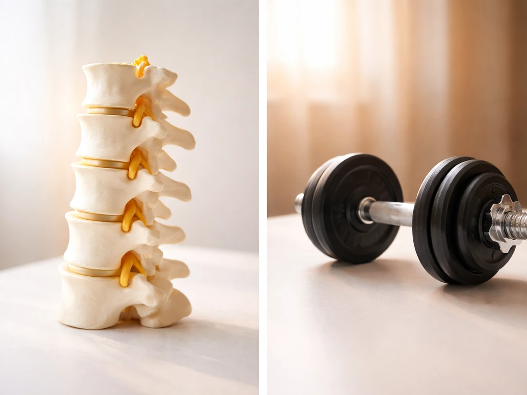 Minimal split scene showing a human spine model and dumbbell with subtle hormonal cues