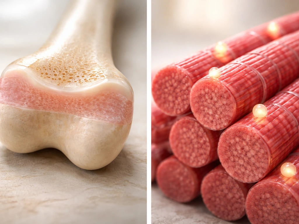 Close-up of a bone growth plate beside skeletal muscle fibers with subtle receptor-like highlights.