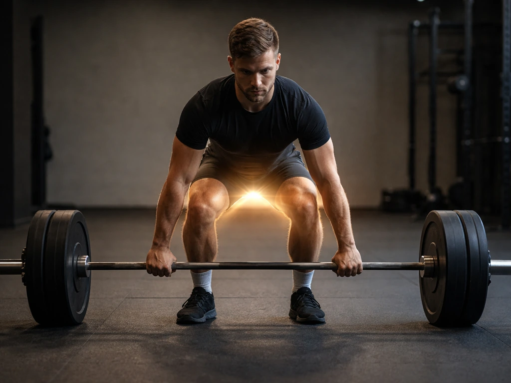 Person performing a barbell deadlift in a quiet gym, showing focused leg and back muscle engagement.