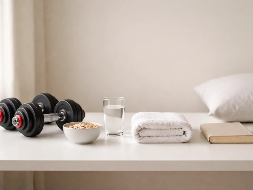 Minimal photo-style icons representing training, nutrition, recovery, with sleep optimization elements