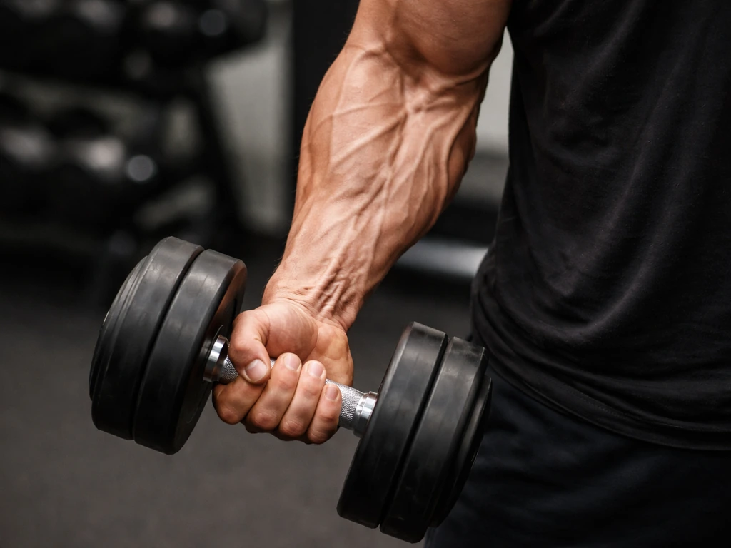 Close-up of an athlete’s arm resisting a dumbbell during a slow controlled lowering, showing muscle tension.