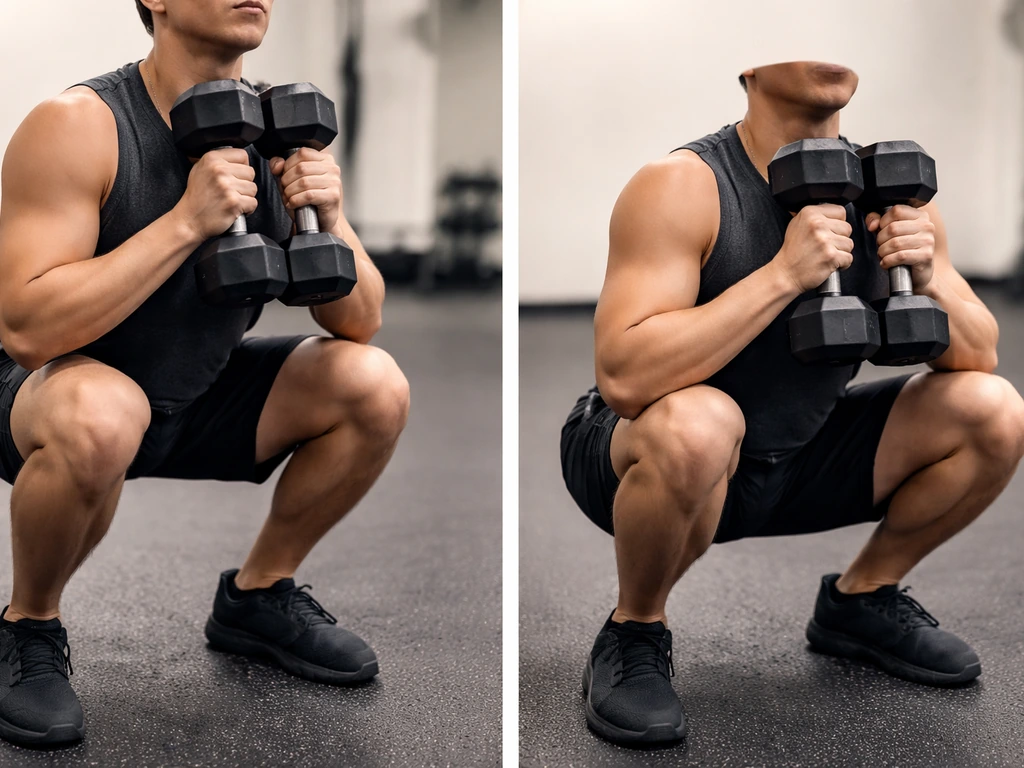 Two-phased photo sequence showing a slow eccentric rep in a squat with dumbbells held at chest level.